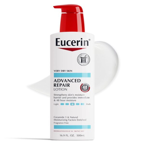 48 Hour Moisture: This Eucerin fragrance free lotion repairs very dry skin and fights dryness at its source by providing 48-hour moisture Convenient Lotion Bottle: Body lotion pump bottle makes it simple to pump and apply anytime Prevents Dryness: This Eucerin lotion for dry skin is enriched with Ceramide-3 and Natural Moisturizing Factors to boost moisture and help prevent dryness Free Of: Eucerin Advanced Repair lotion is a paraben free body lotion, and is fragrance free, dye free, and is also lightweight, fast-absorbing and non-greasy Includes one (1) 16.9 fluid ounce bottle of Eucerin Advanced Repair Body Lotion, Unscented Lotion for Dry Skin