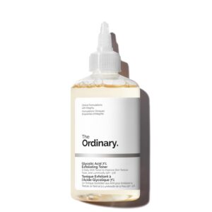 Description The Ordinary Glycolic Acid 7% Exfoliating Toner smooths skin texture, visibly evens tone, and boosts radiance with daily use. Contains Tasmanian Pepperberry, aloe, and ginseng. Benefits Smoothes skin texture, visibly evens tone, and enhances luminosity with daily use. Suggested use After cleaning, saturate a cotton pad with the formula and sweep across face and neck. Use ideally in the PM